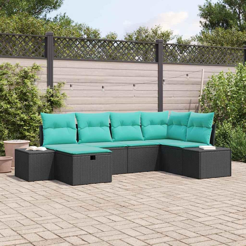 Havesofa sæt 6 stk. i sort polyrattan med blågrønne puder