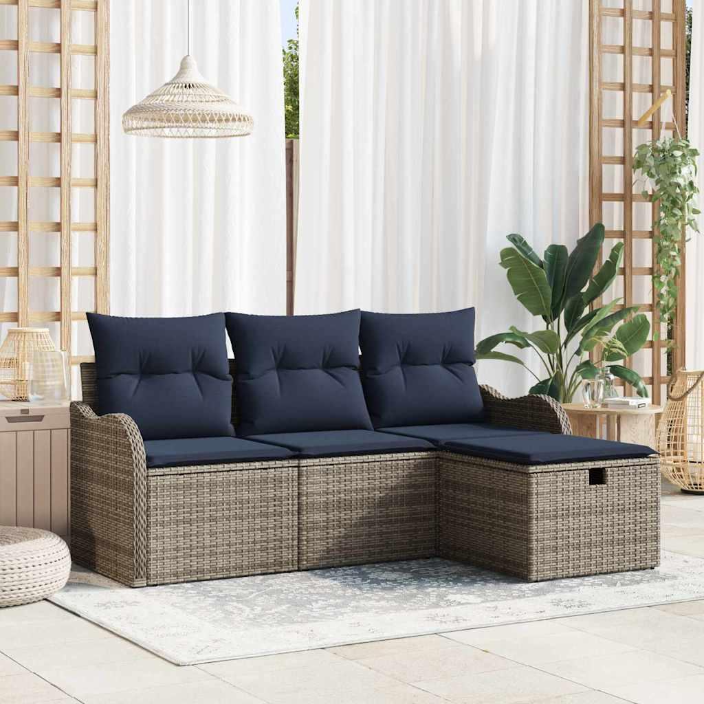 Havesofa sæt 4 dele med opbevaring 3-personers grå og marineblå polyrattan