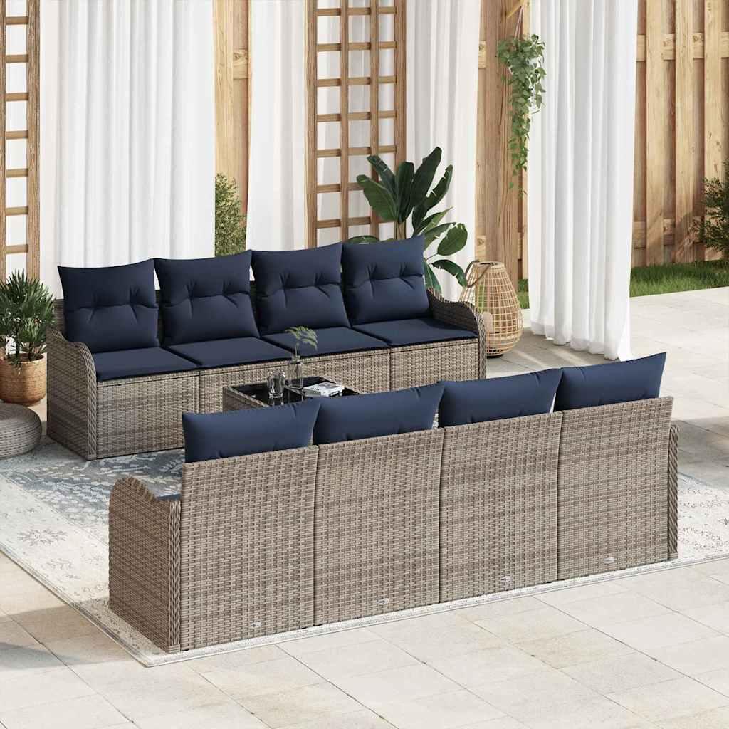 Sofa sæt i grå polyrattan med bord og 8 siddepladser