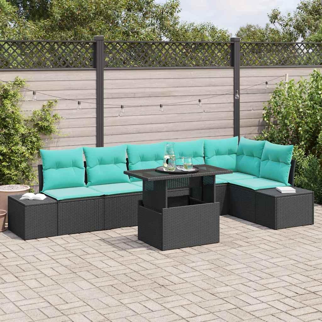 Havesofa sæt 7 dele til 6 personer i polyrattan med justerbart bord - sort og blå