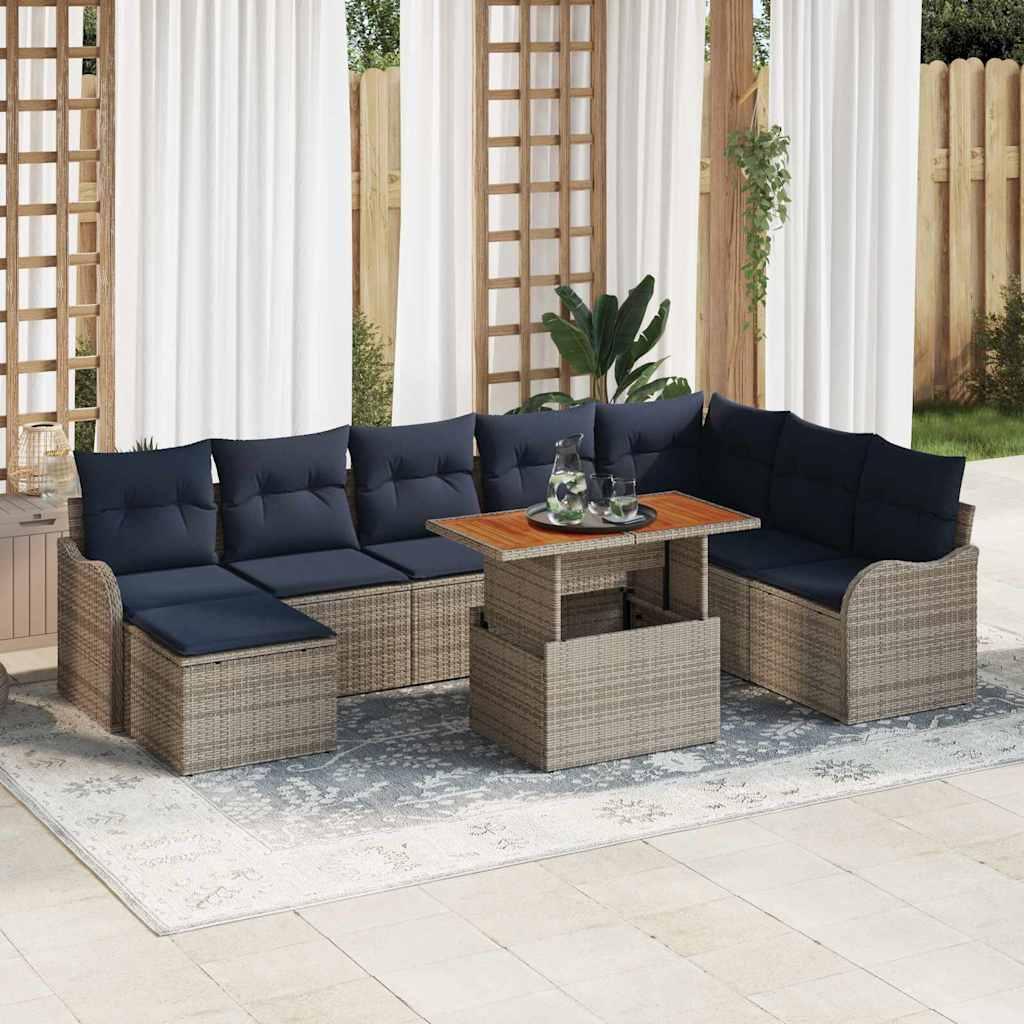 Havesofa sæt 9 stk. grå og marineblå - modulært loungesæt til terrasse