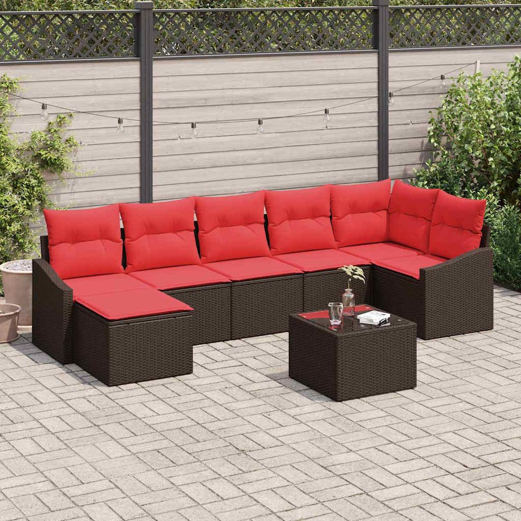 Sofa sæt 8 stk. i brun polyrattan med røde puder