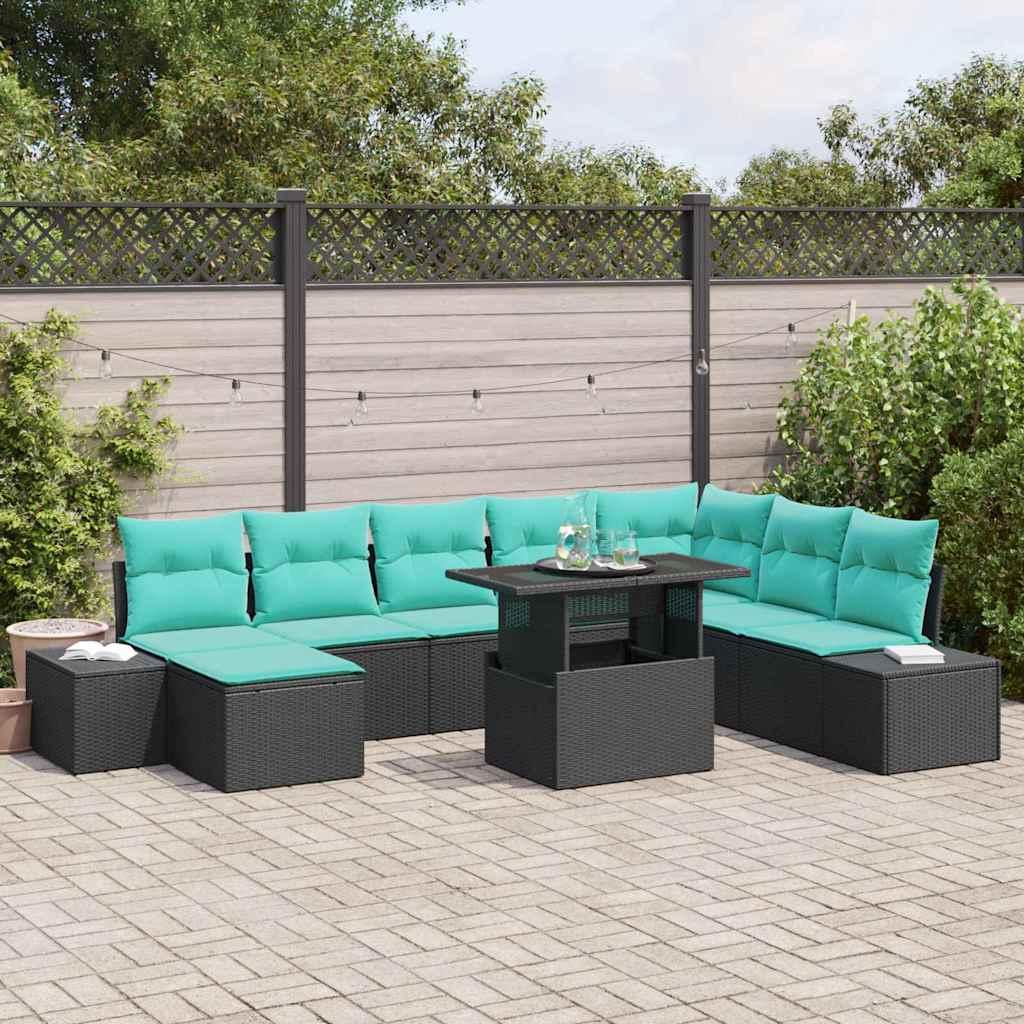 Havesofa sæt 9 stk. i sort polyrattan med højdejusterbart bord