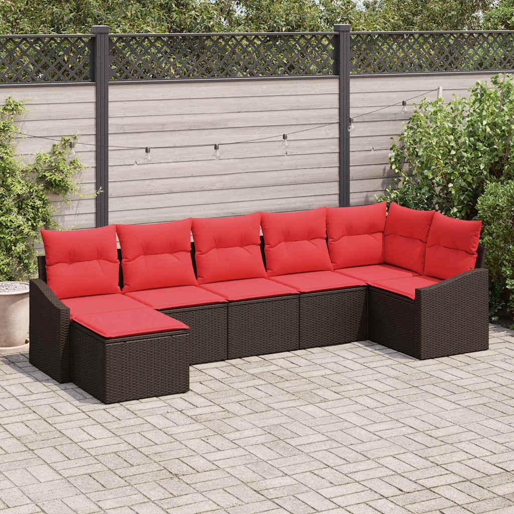 Sofa sæt 7 stk. i brun polyrattan med røde puder