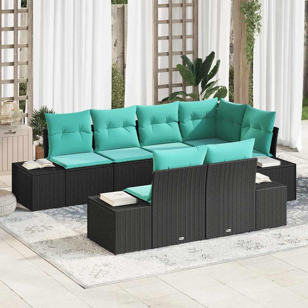 Havesofa sæt 7 stk. i sort og turkis polyrattan
