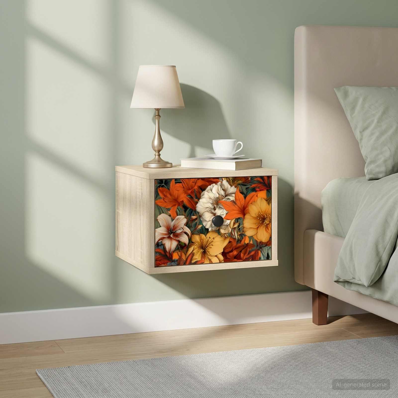 Vægmonteret natbord GENNEP i sonoma-eg med blomstermotiv 36 x 33 x 25 cm