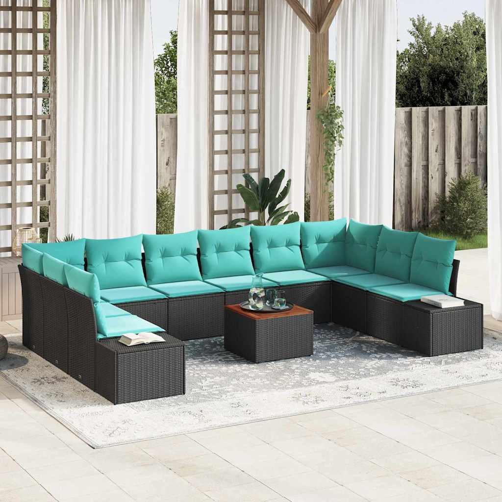 Havesofa sæt 11 stk. i sort polyrattan modulært loungesæt