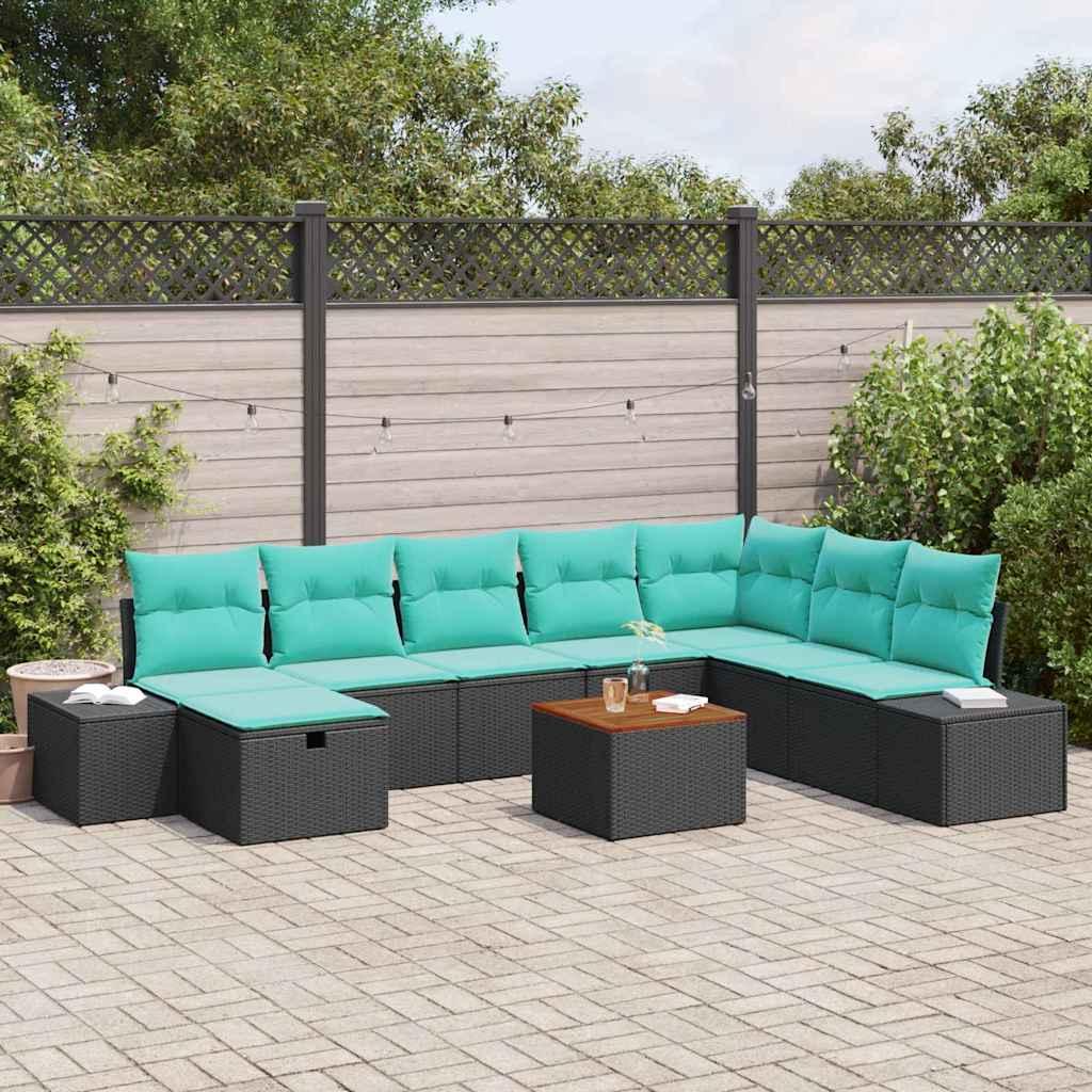 Havesofa sæt 9 stk. i sort polyrattan til terrasse og have