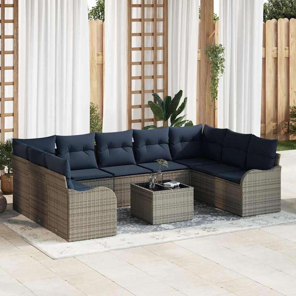 Havesofa sæt 10 dele i grå polyrattan med marineblå puder
