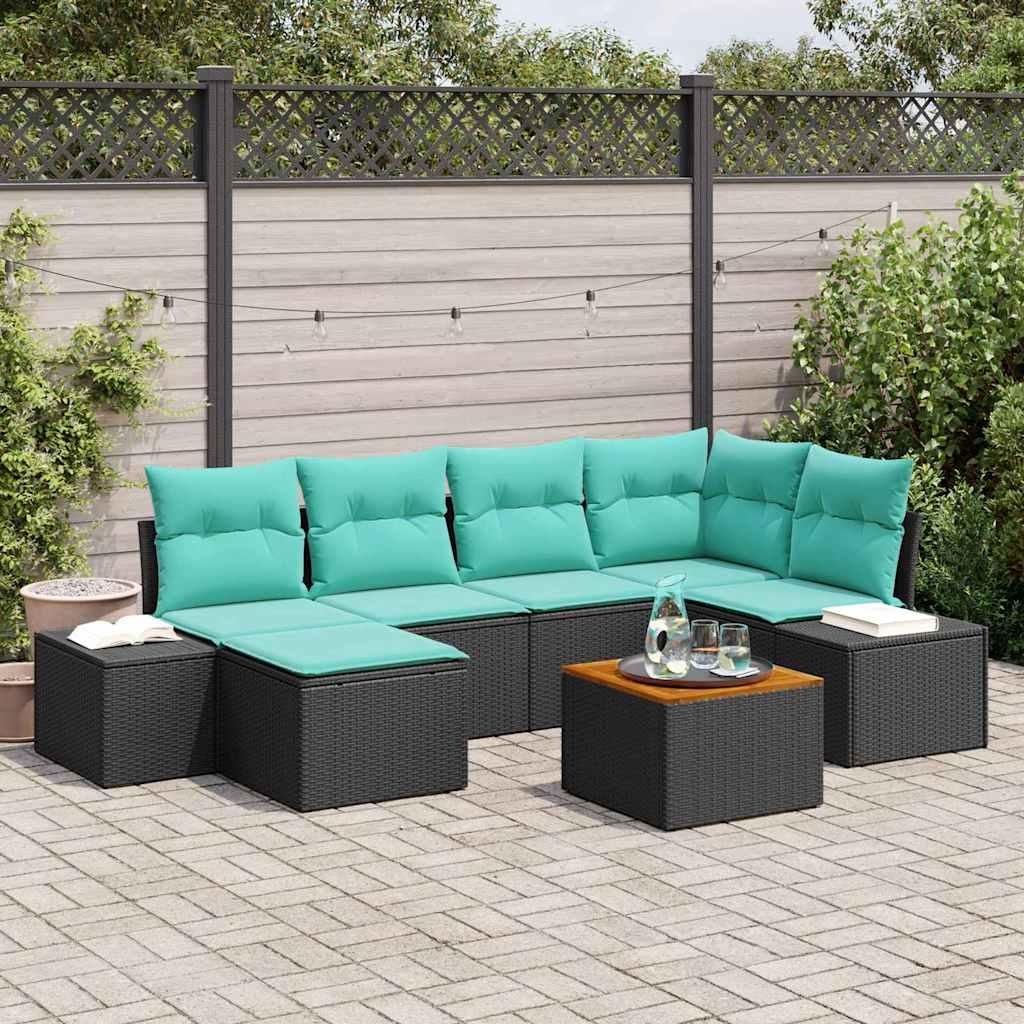 Havesofa sæt 7 stk. i sort polyrattan modul havemøbelsæt
