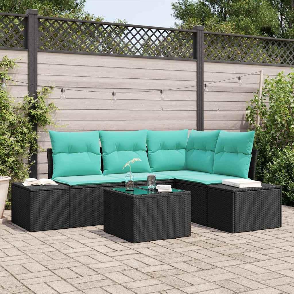 Havesofa sæt 5 stk. i sort polyrattan med turkise puder