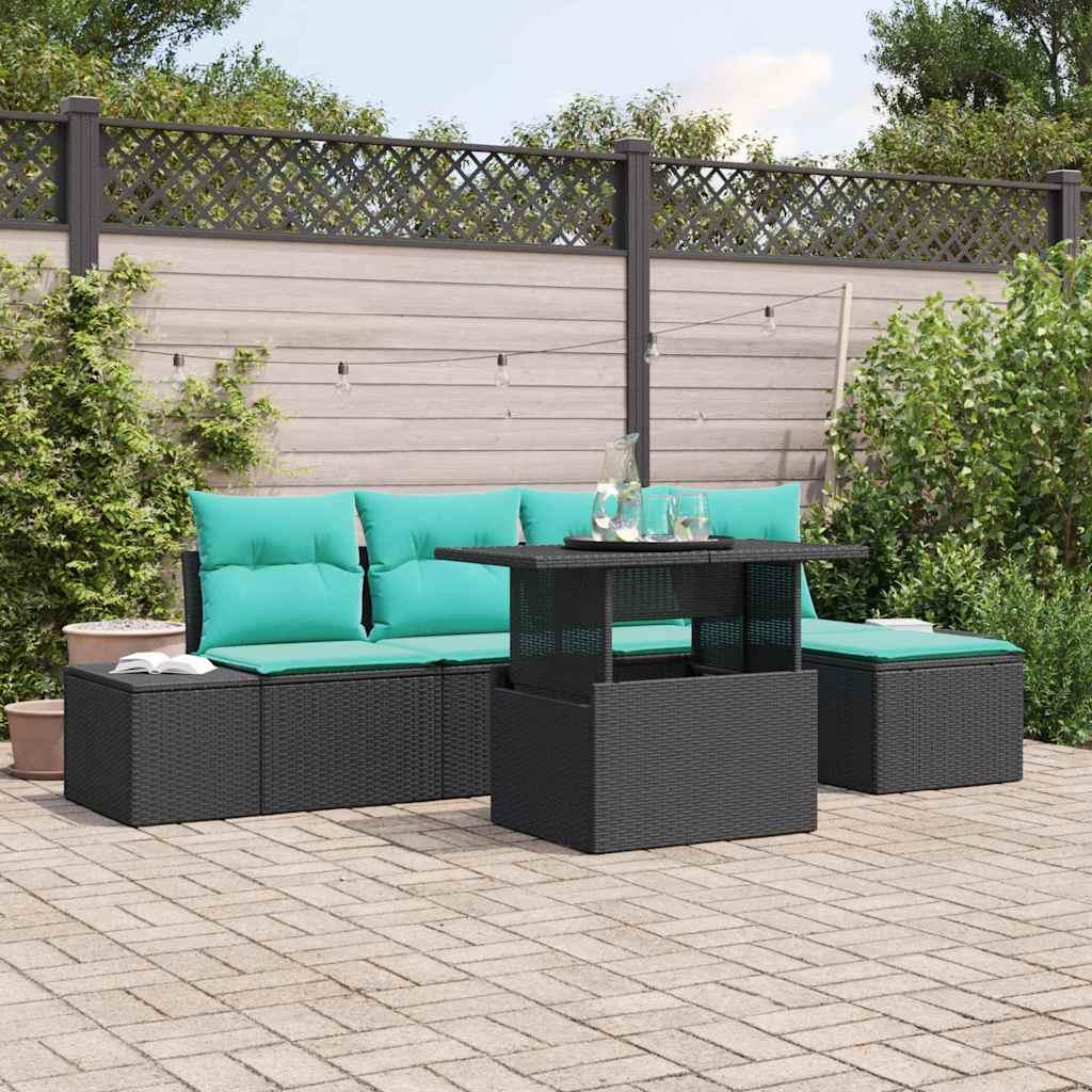 Havesofa sæt 6 stk. i sort polyrattan med hæve-sænkebord