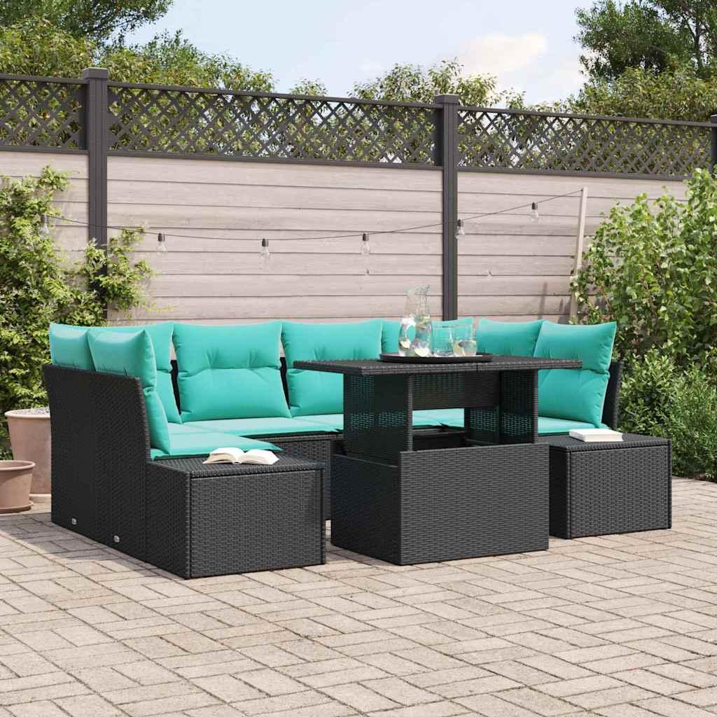 Sofa sæt 7 stk. til 6 personer i sort og blå polyrattan