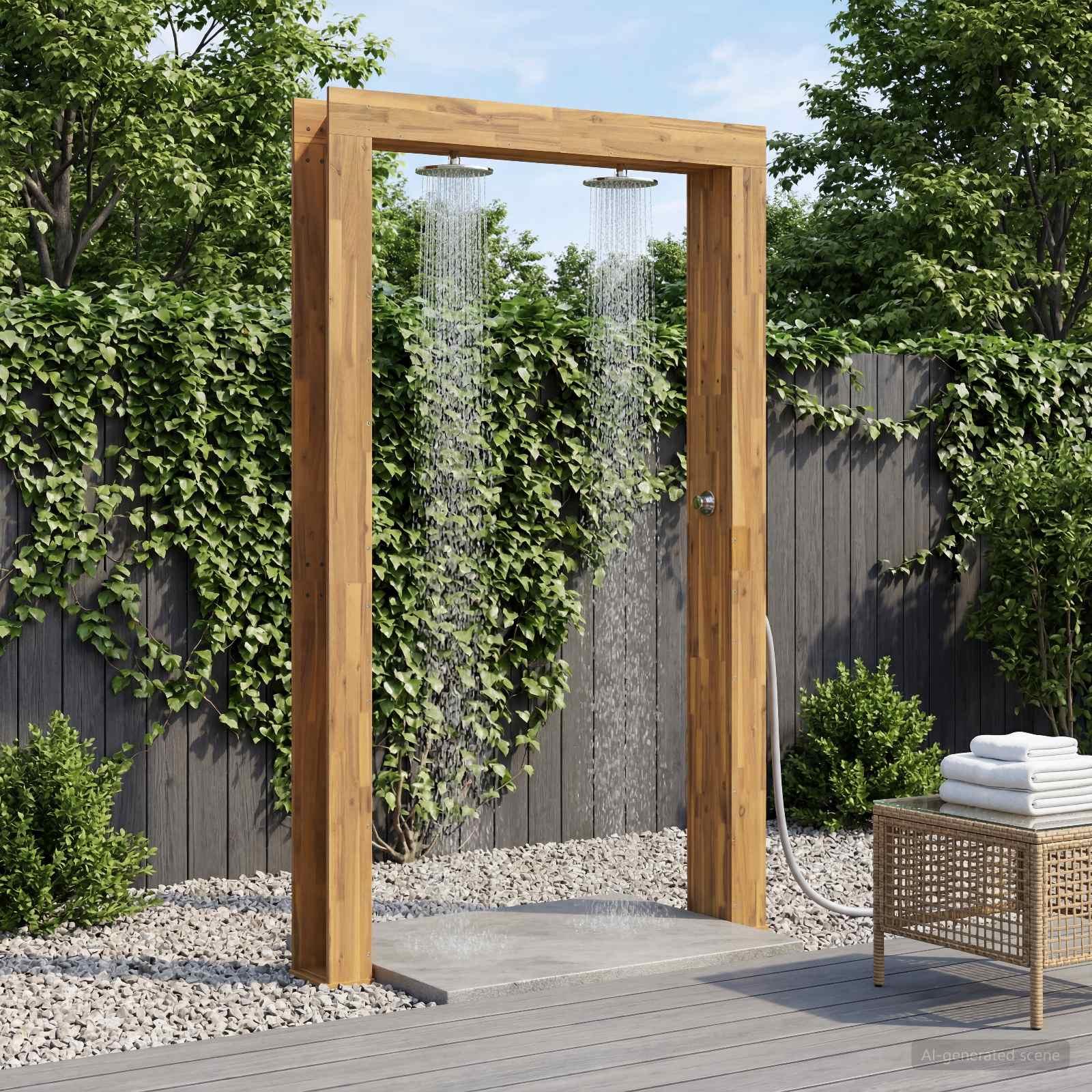 Udendørs bruser 226 cm i massiv akacietræ og rustfrit stål - hvid