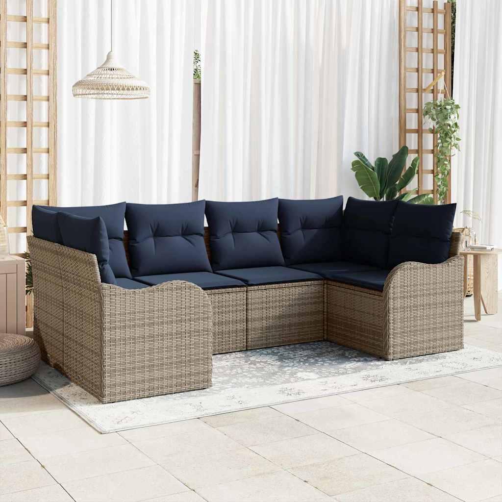 Havemøbelsæt sofa 6 dele i grå poly rattan med marineblå hynder