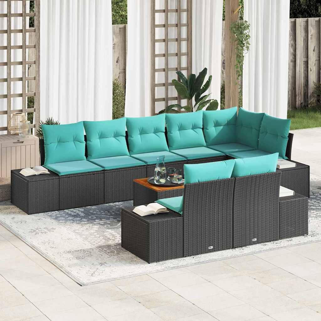Havesofa sæt 9 dele i polyrattan til have og terrasse - sort/turkis