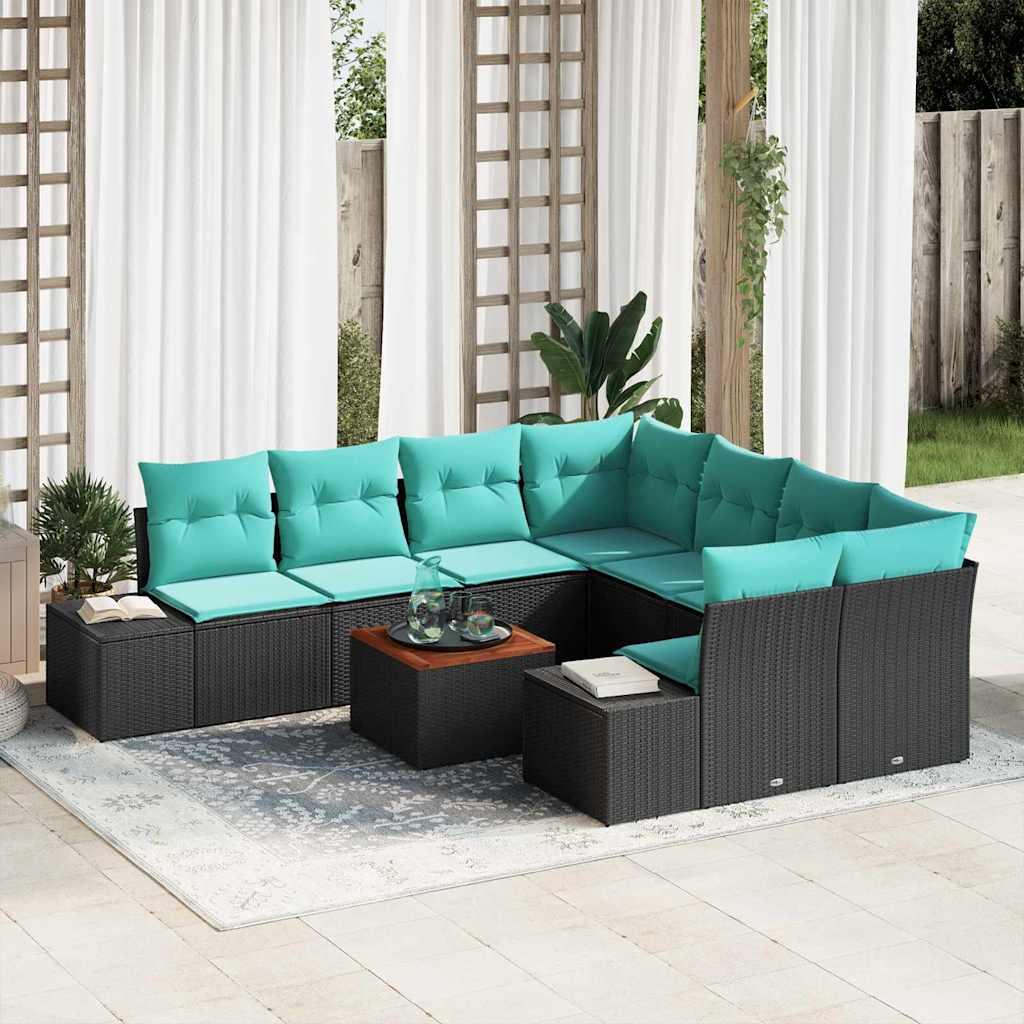 Havesofa sæt 9 stk. i sort polyrattan modulært loungesæt