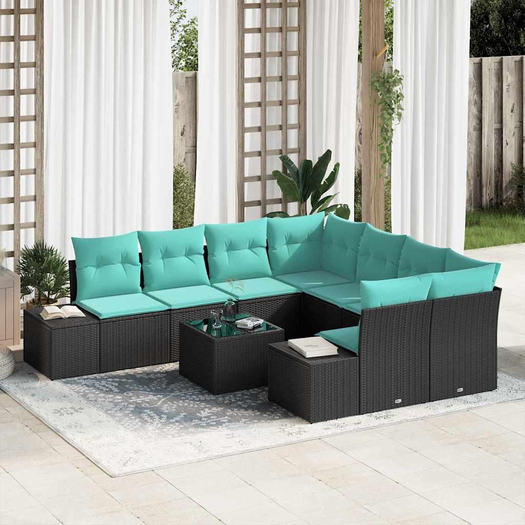 Havesofa sæt 9 stk. i sort polyrattan til have og terrasse