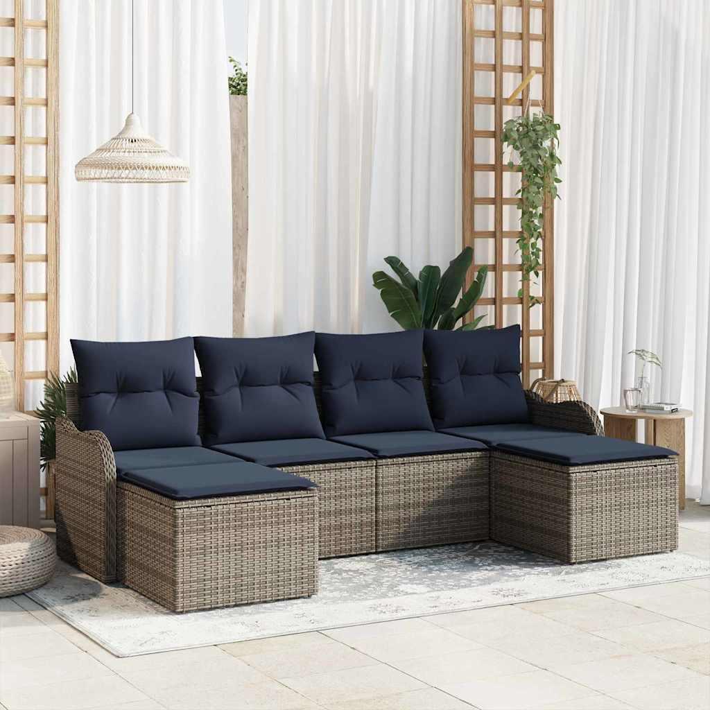 Sofa sæt 6 stk. i grå polyester og polyrattan med marineblå puder
