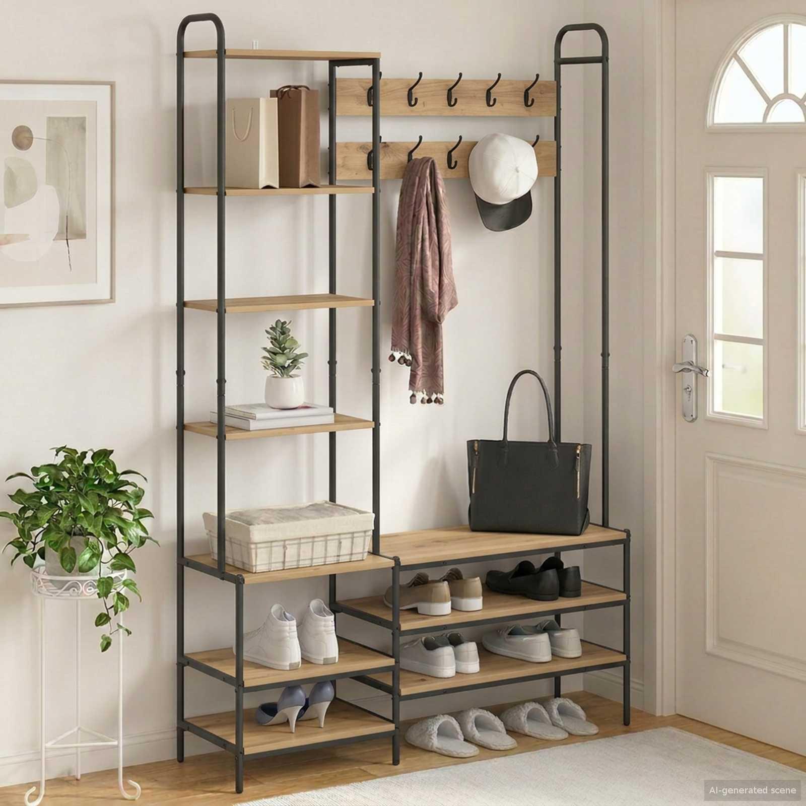 Knagerække med skobænk i artisan-eg 120,5 x 34 x 190 cm