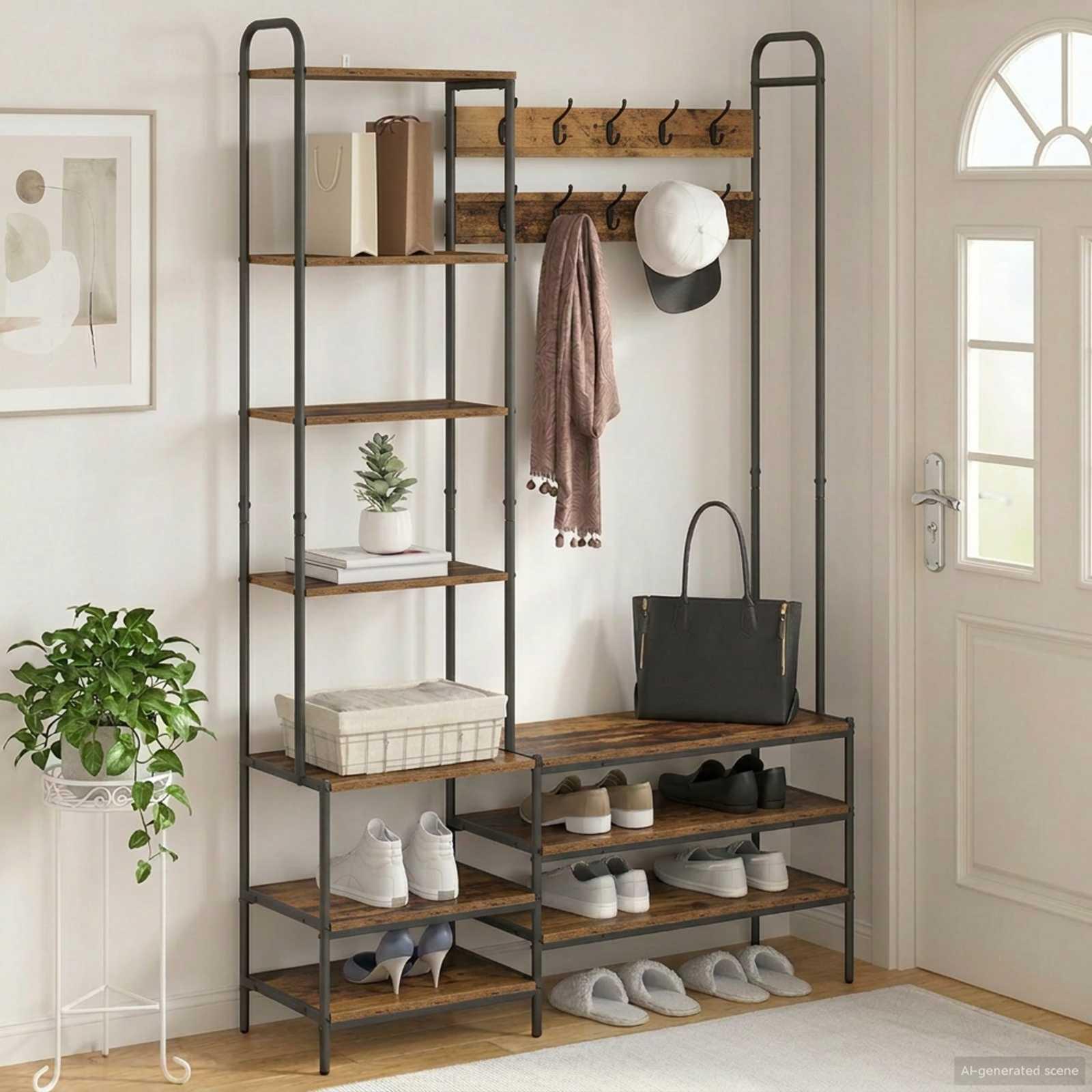Knagerække med skobænk og hylder i gammelt træ 120,5 x 34 x 190 cm