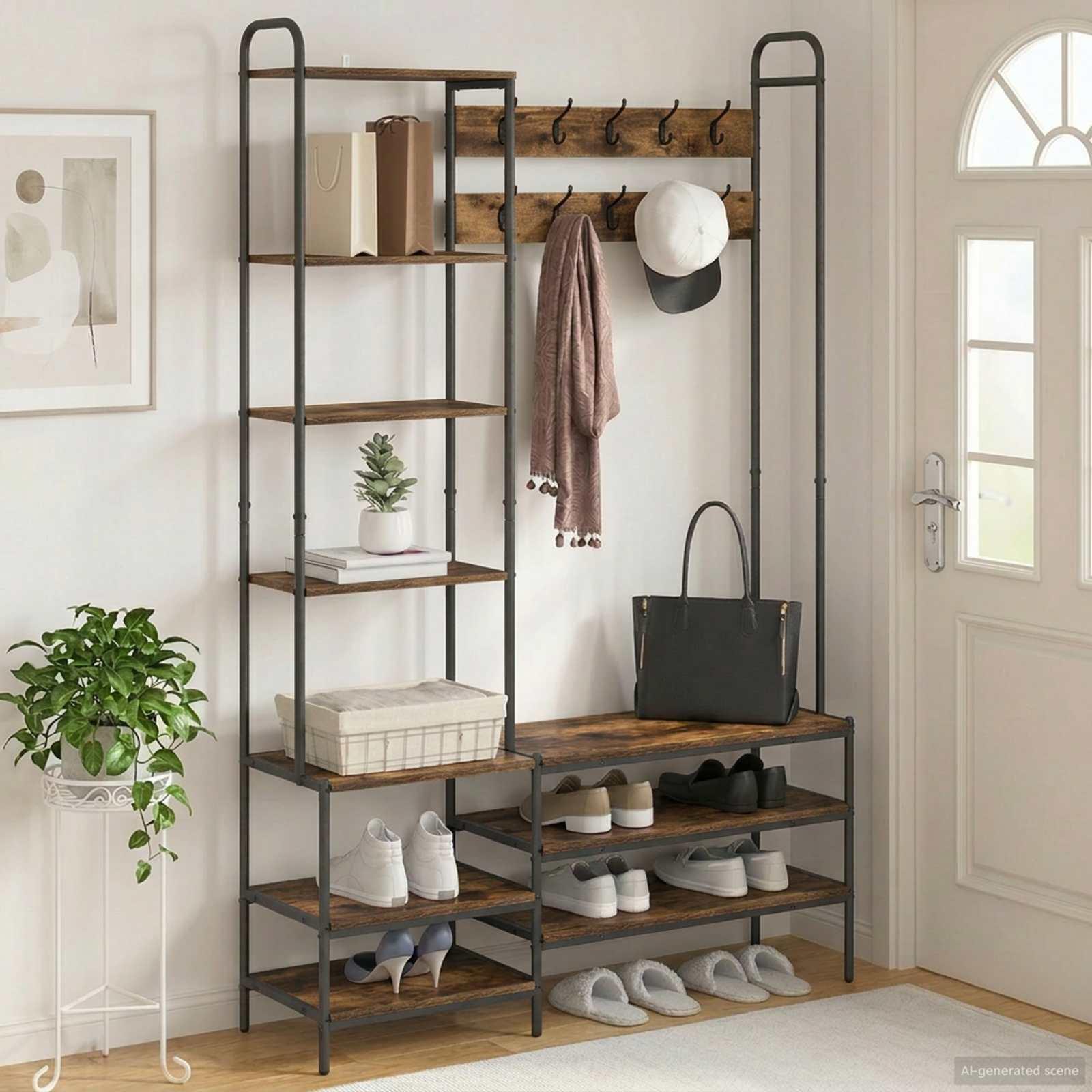 Knagerække med skobænk og hylder i røget eg 120,5 x 34 x 190 cm