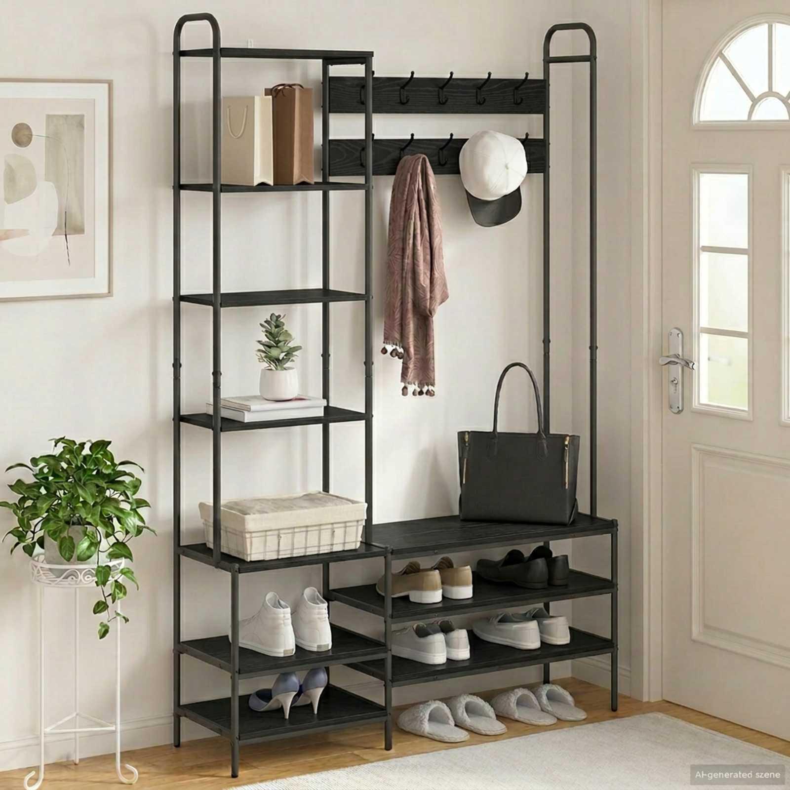 Knagerække med skobænk og hylder i sort eg 120,5 x 34 x 190 cm