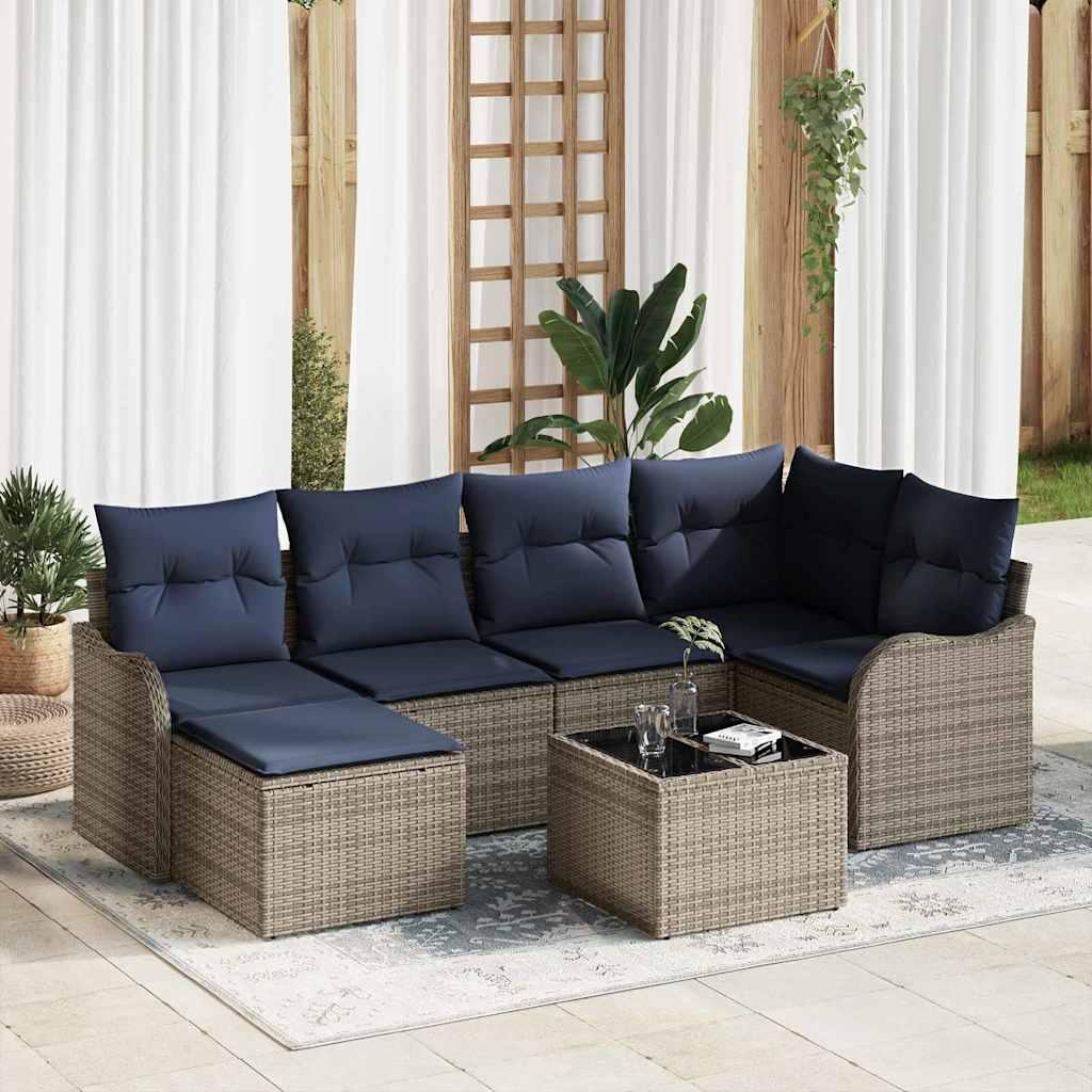 Havesofa sæt 7 stk. i grå polyrattan med marineblå puder