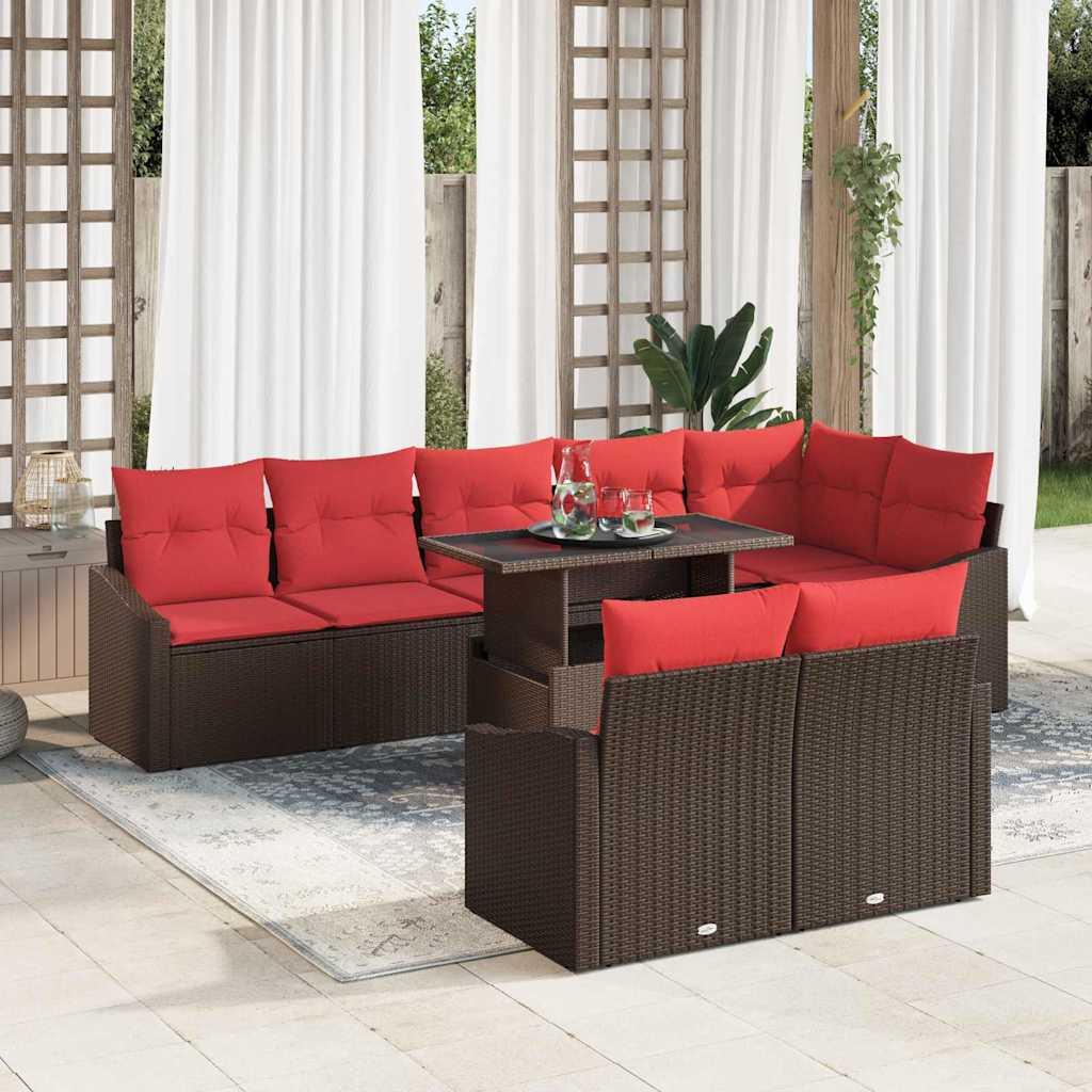Havesofa sæt 9 stk. i brun polyrattan med r��de puder