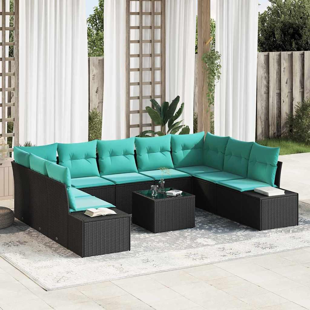 Havesofa sæt 10 stk. i sort polyrattan til terrasse og have