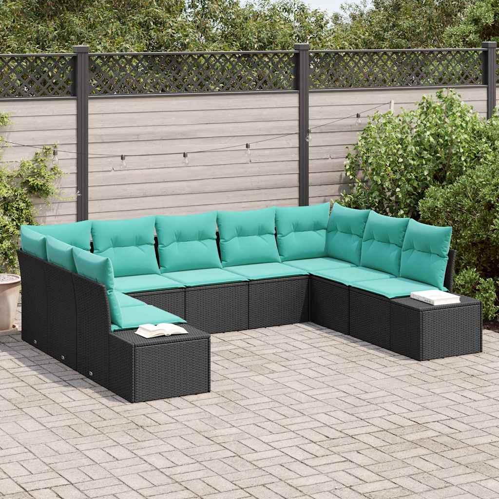Havesofa sæt i polyrattan 9 dele til 8 personer - sort og turkis