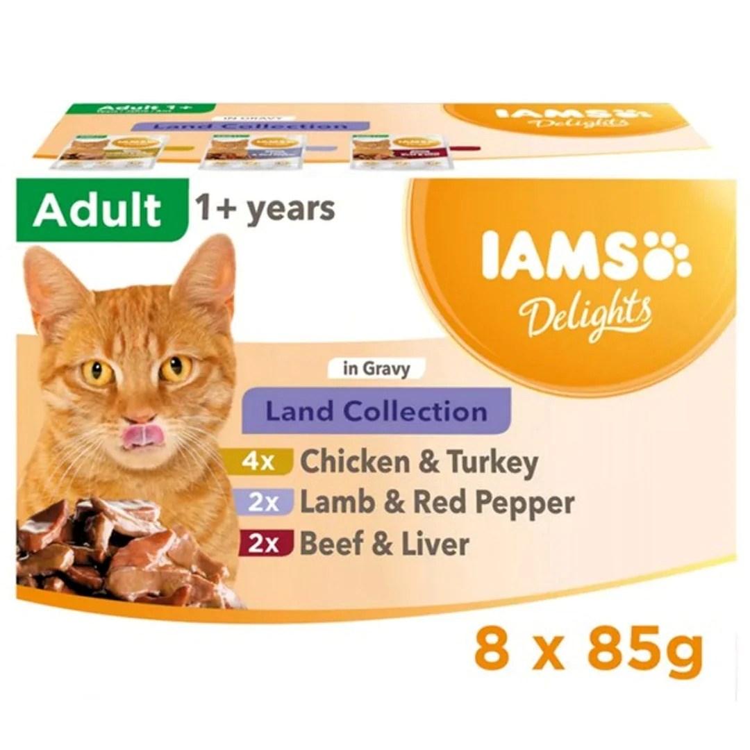 IAMS Delights Land Collection i sovs vådfoder til voksen kat 8 x 85 g