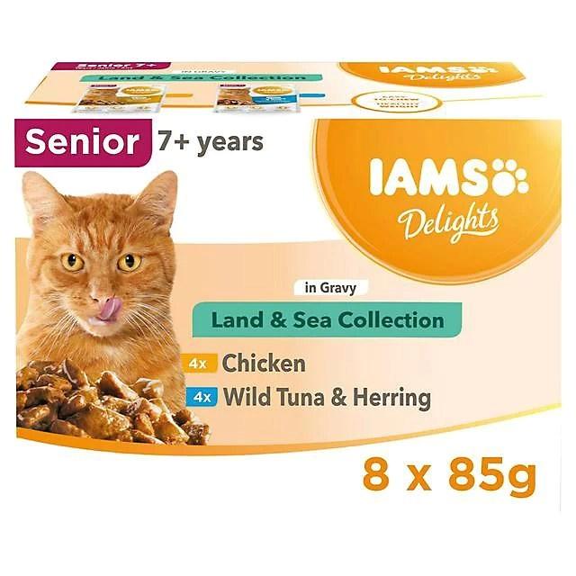 IAMS Delights Senior Land & Sea Collection i sovs vådfoder til kat 8 x 85 g