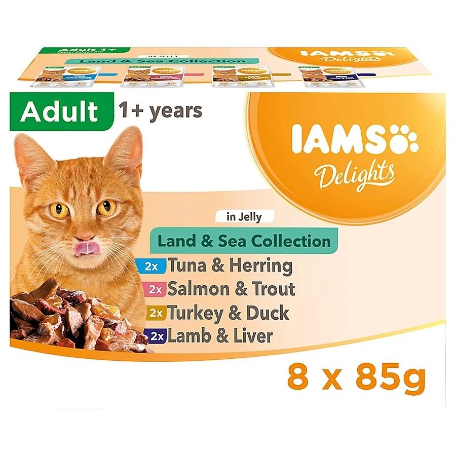 IAMS Delights Land & Sea Collection i gelé vådfoder til kat 8 x 85 g