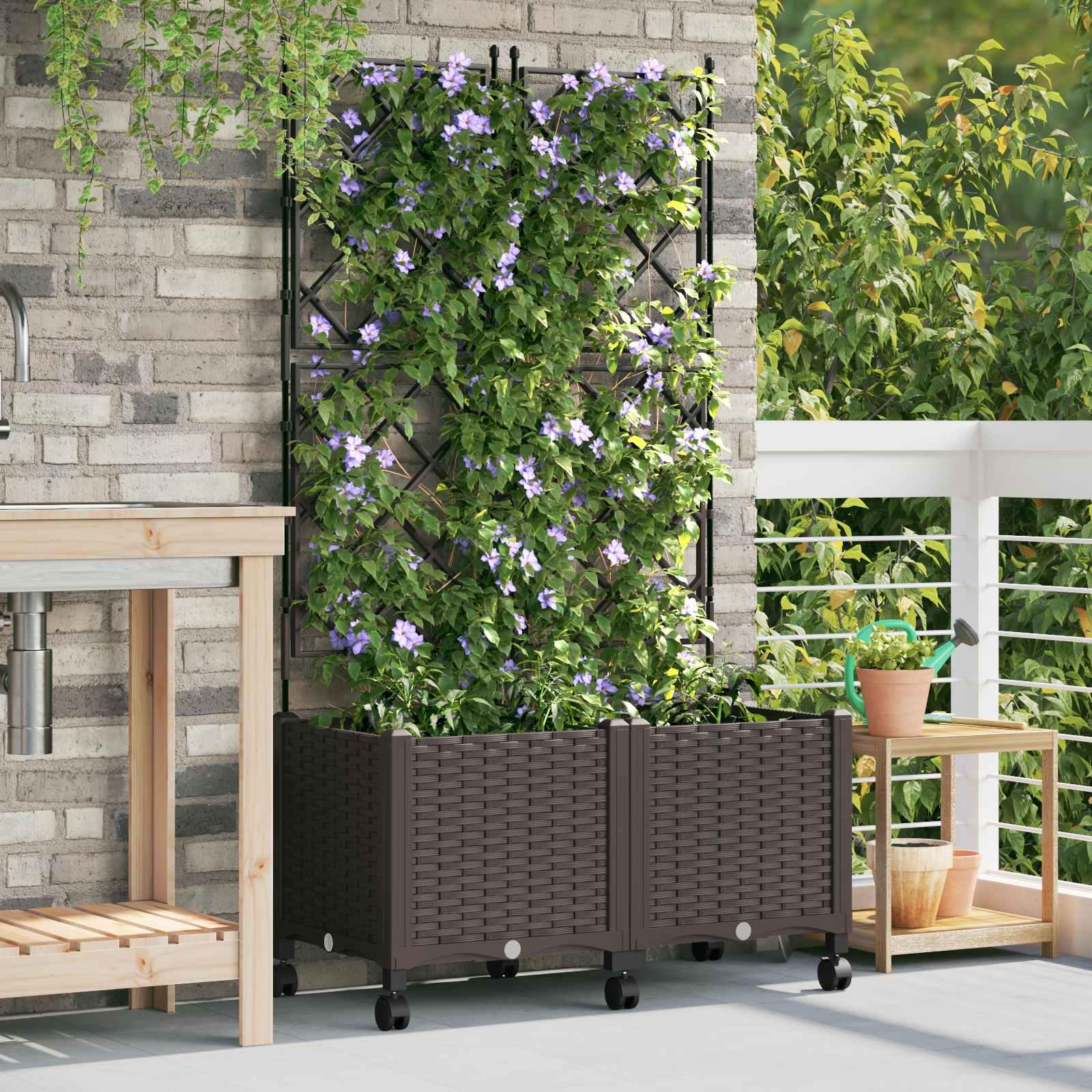 vidaXL Haveplantekasse med espalier og hjul 2 stk. Brun PP