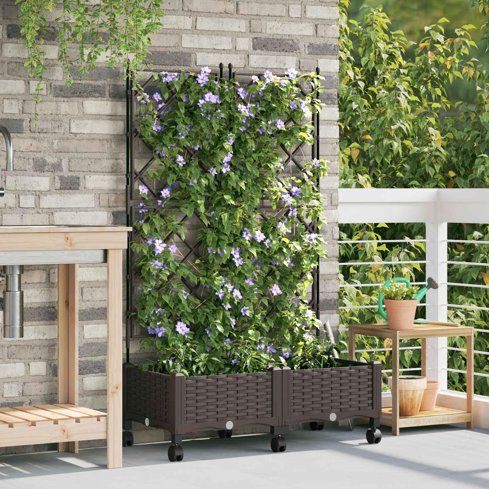vidaXL Haveplantekasse med espalier og hjul 2 stk. Brun PP