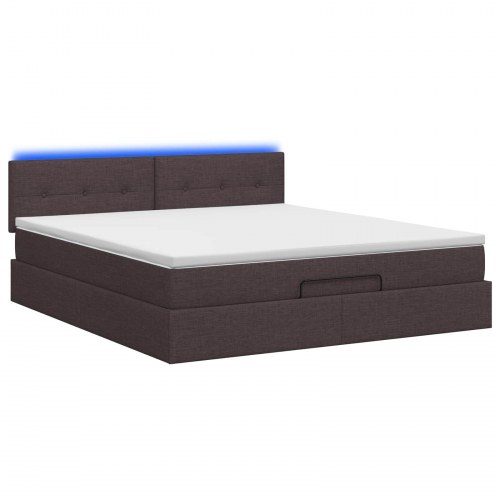 Ottoman seng med madras og LED mørk brun 140 x 200 cm stof