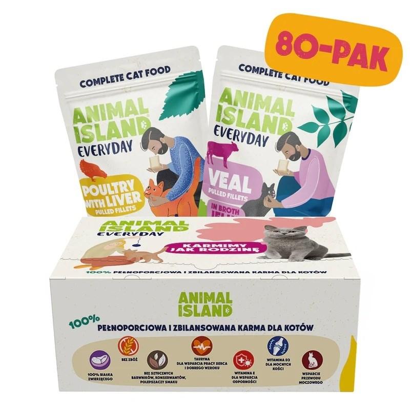 ANIMAL ISLAND Everyday Fileteret vådfoder til kat med fjerkræ, lever og kalv 80 x 85 g