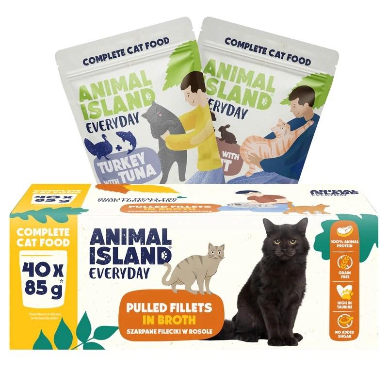 ANIMAL ISLAND Everyday vådfoder til kat i bouillon med kalkun, tun, kalv og kanin 40 x 85 g