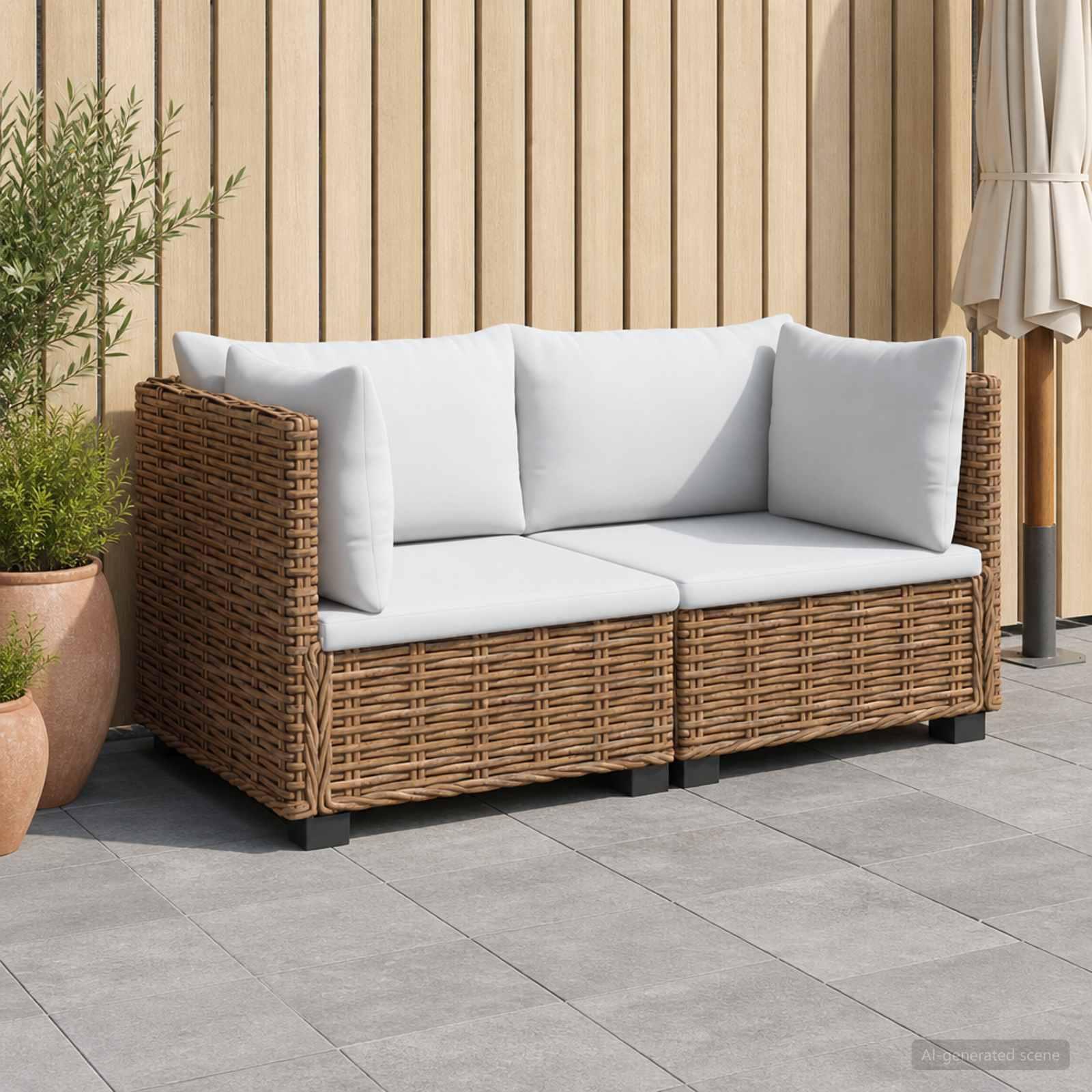 Rattan loungesæt med puder GENDT - 2 stk., natur/cremehvid