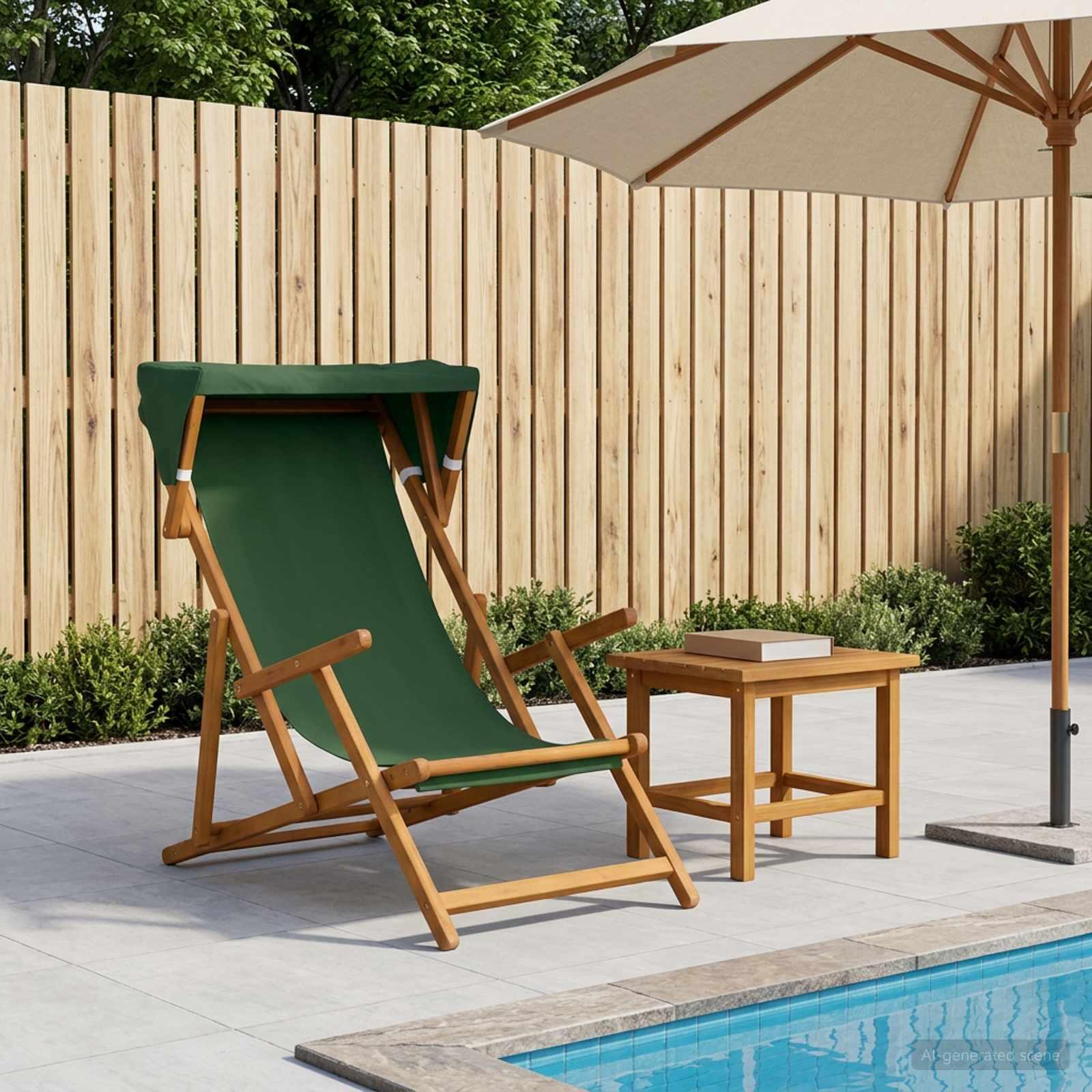 Havestol med 3 positioner i massiv eucalyptus træ og grøn polyester