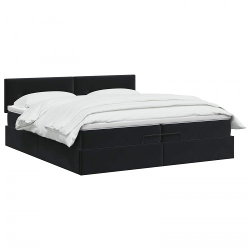 Ottoman seng med madras og LED 200 x 200 cm i sort velour