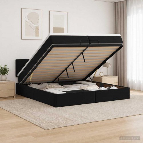 Ottoman seng med madras og LED 200 x 200 cm i sort velour