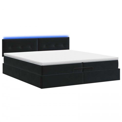 Ottoman seng med madras og LED 200 x 200 cm i sort velour