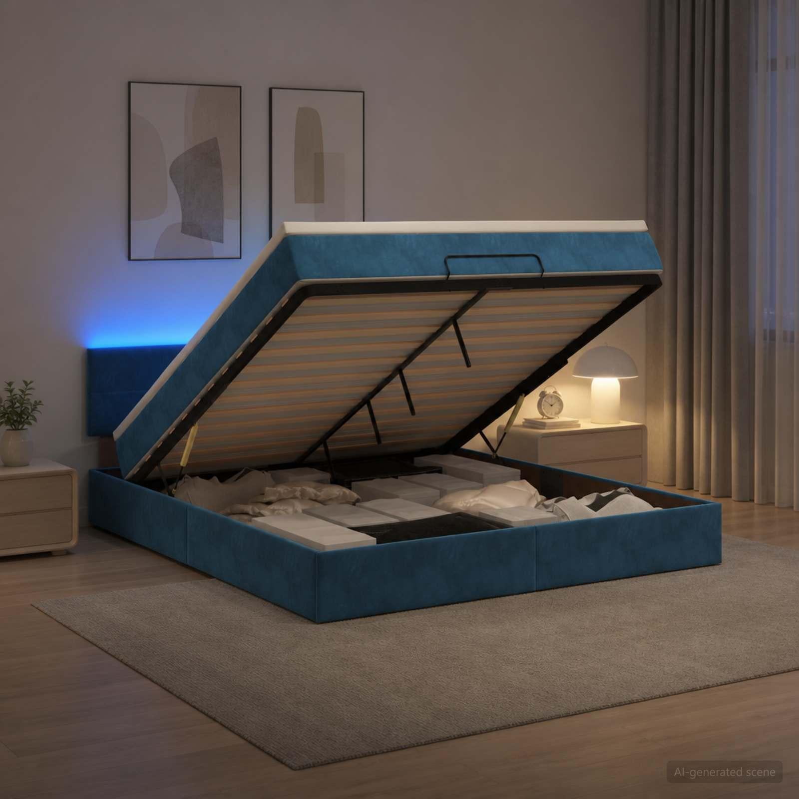 Ottoman seng med madras og LED 180 x 200 cm - mørkeblå velour