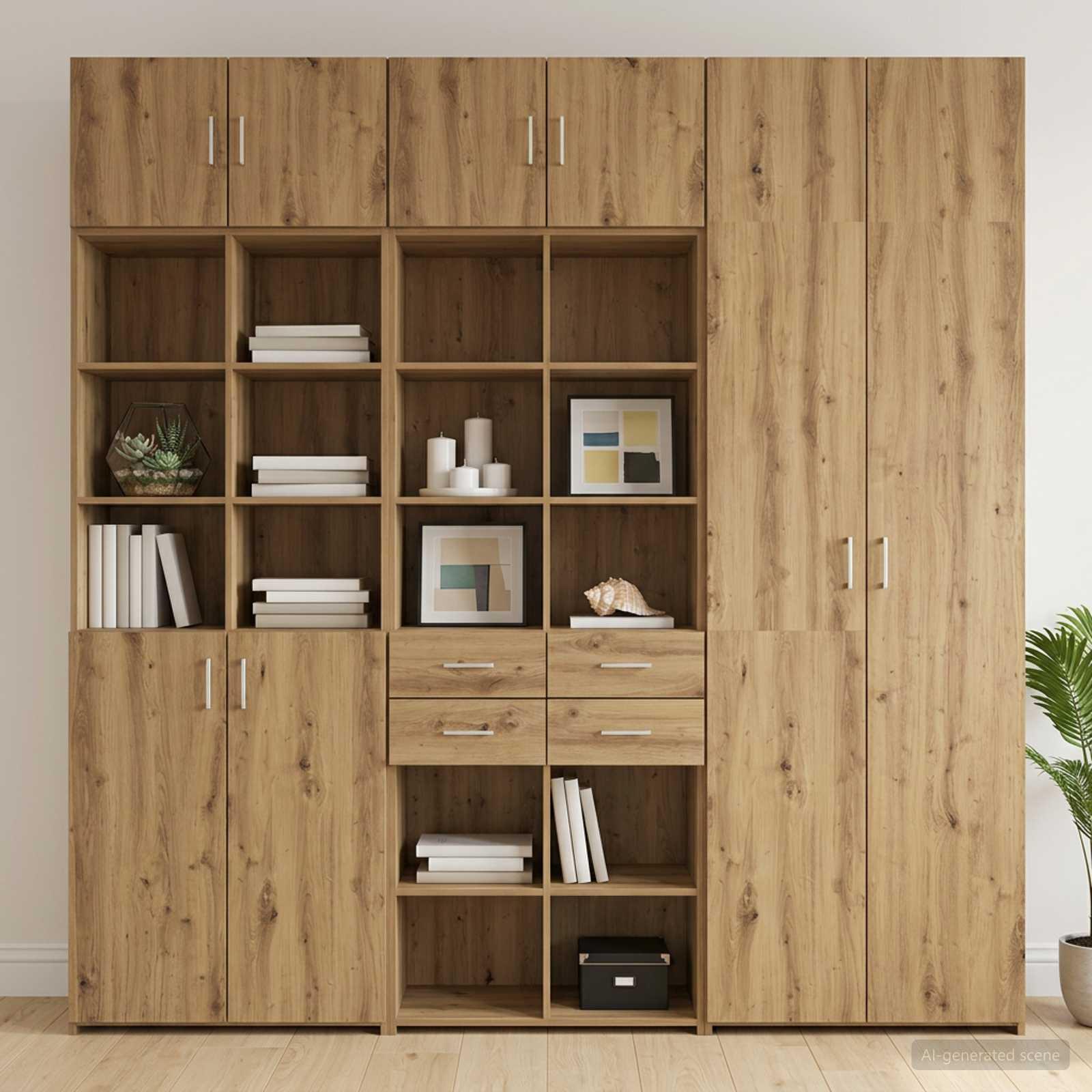 Opbevaringsskab med hylder og 4 skuffer i artisan-eg 70 x 42,5 x 225 cm