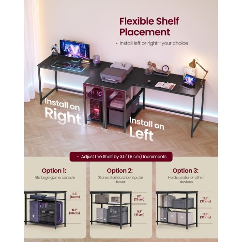 L-formet skrivebord ULWD136BE01 med vendbar opbevaringshylde - Ebony Black