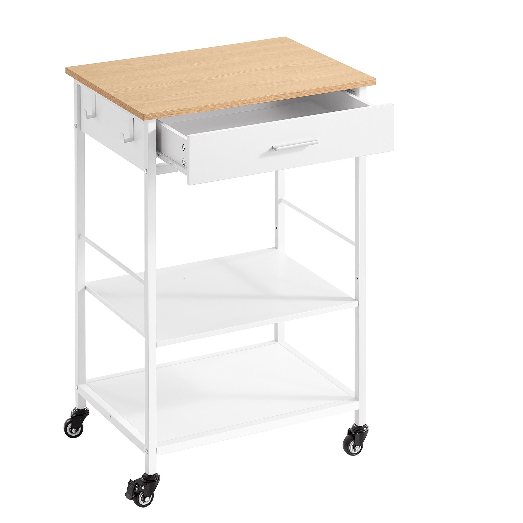 Køkkenvogn på hjul med bordplade og skuffe 60 x 45 x 90 cm - mat hvid og eg-beige