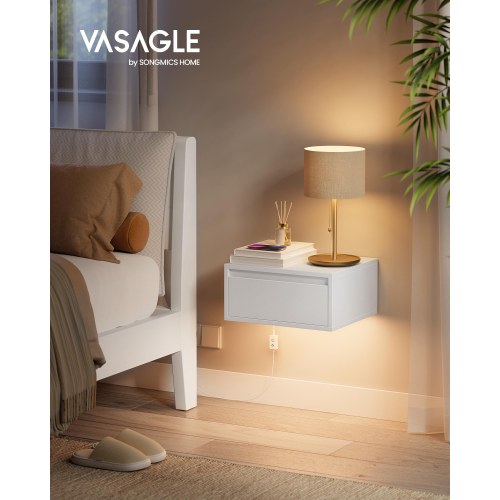 Væghængt sengebord sæt med 2 skuffer og lys i 3 farver - cloud white, 18 × 40 × 35 cm