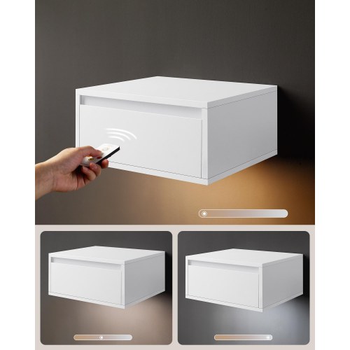 Væghængt sengebord sæt med 2 skuffer og lys i 3 farver - cloud white, 18 × 40 × 35 cm